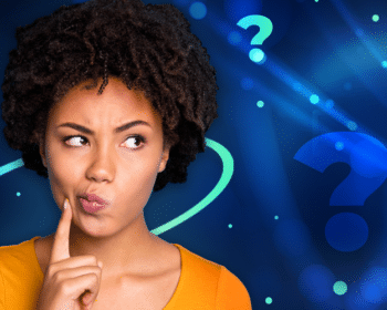 Image of woman with a questioning look on her face and a finger on her cheek. The background is blue with question marks.