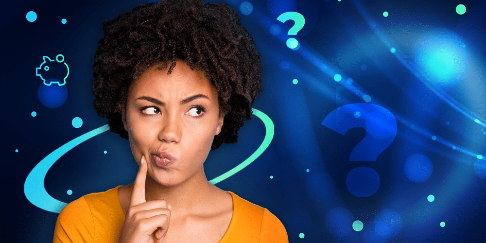 Image of woman with a questioning look on her face and a finger on her cheek. The background is blue with question marks. 