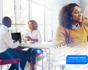 "Two people having a business meeting with a woman in a call center overlay and invoice notice."