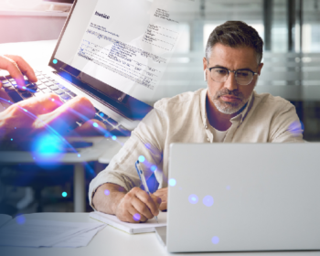 "Man working on a laptop with an overlay of hands typing on a keyboard and an invoice on a laptop screen."