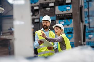 Invoice Factoring for Manufacturers: How It Works 2 Warehouse workers in safety vests reviewing operations on a tablet in a distribution facility